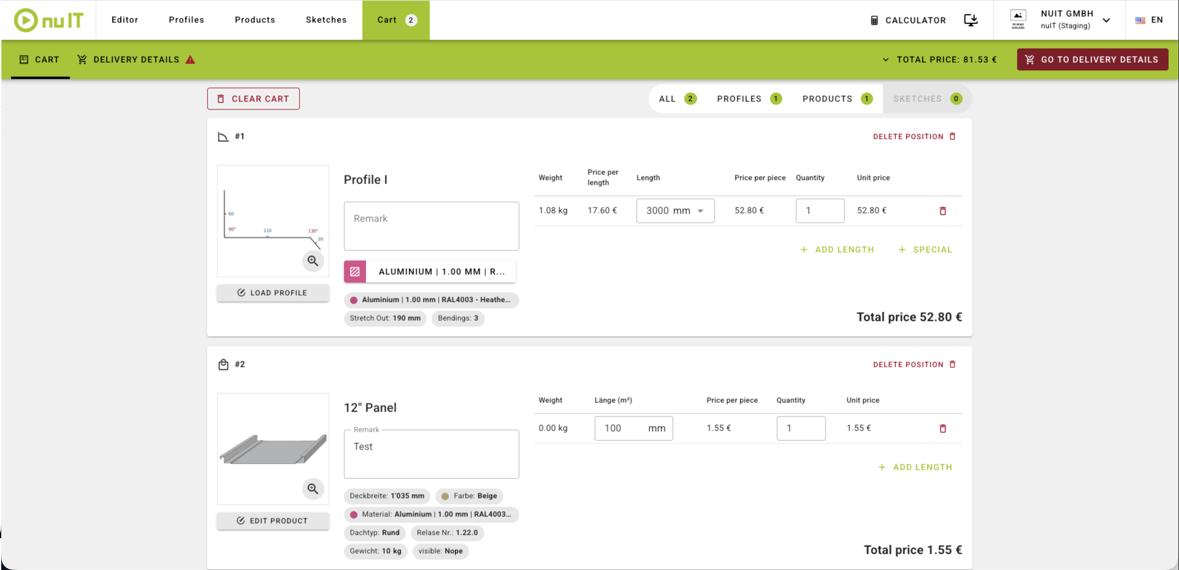 Cart with profile and product positions and live pricing