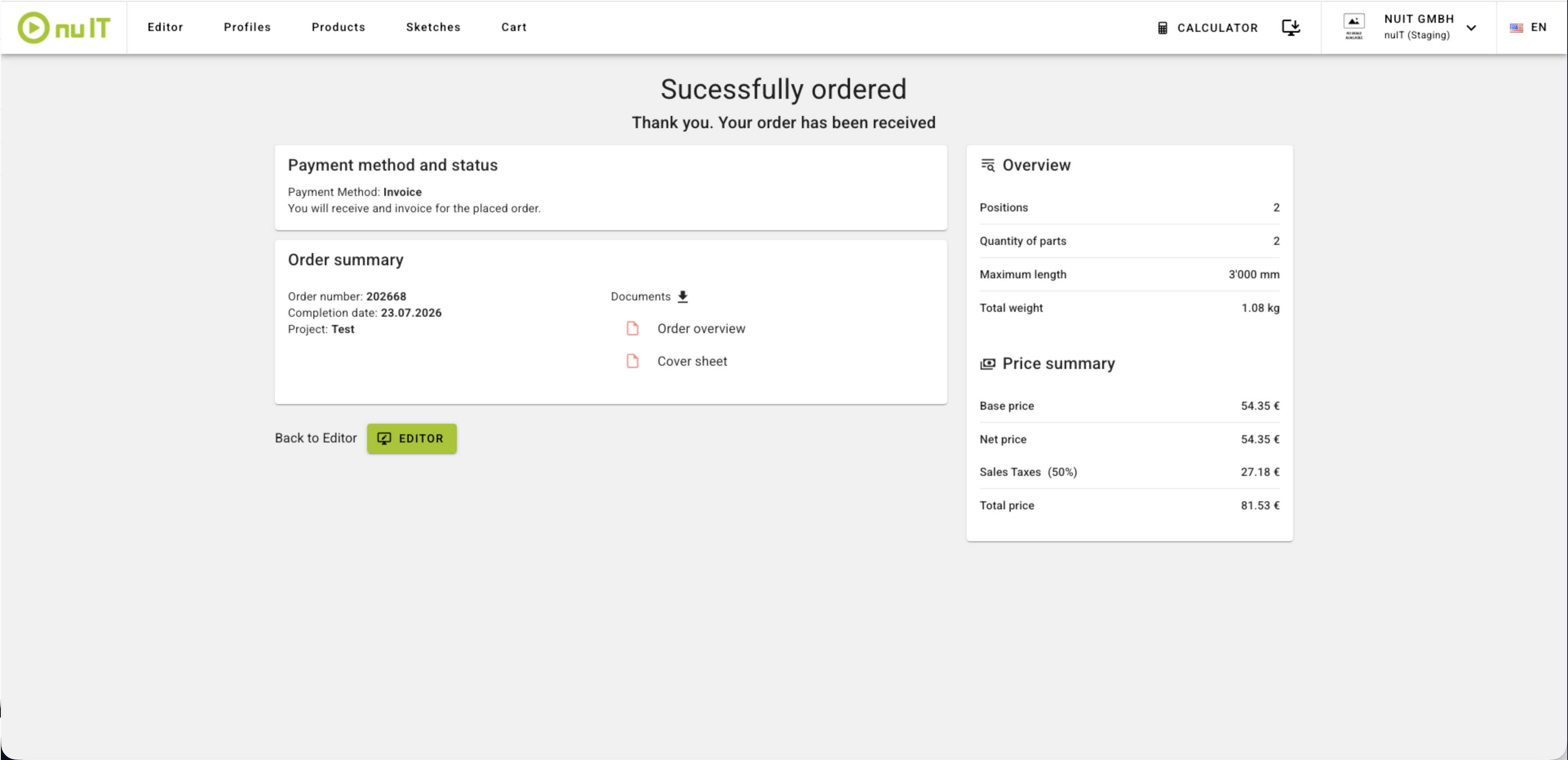 Order success screen with generated documents and price summary