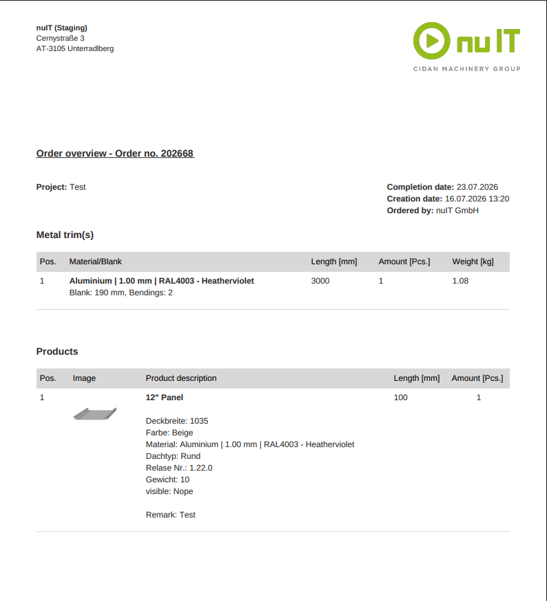 Automatically generated order overview PDF