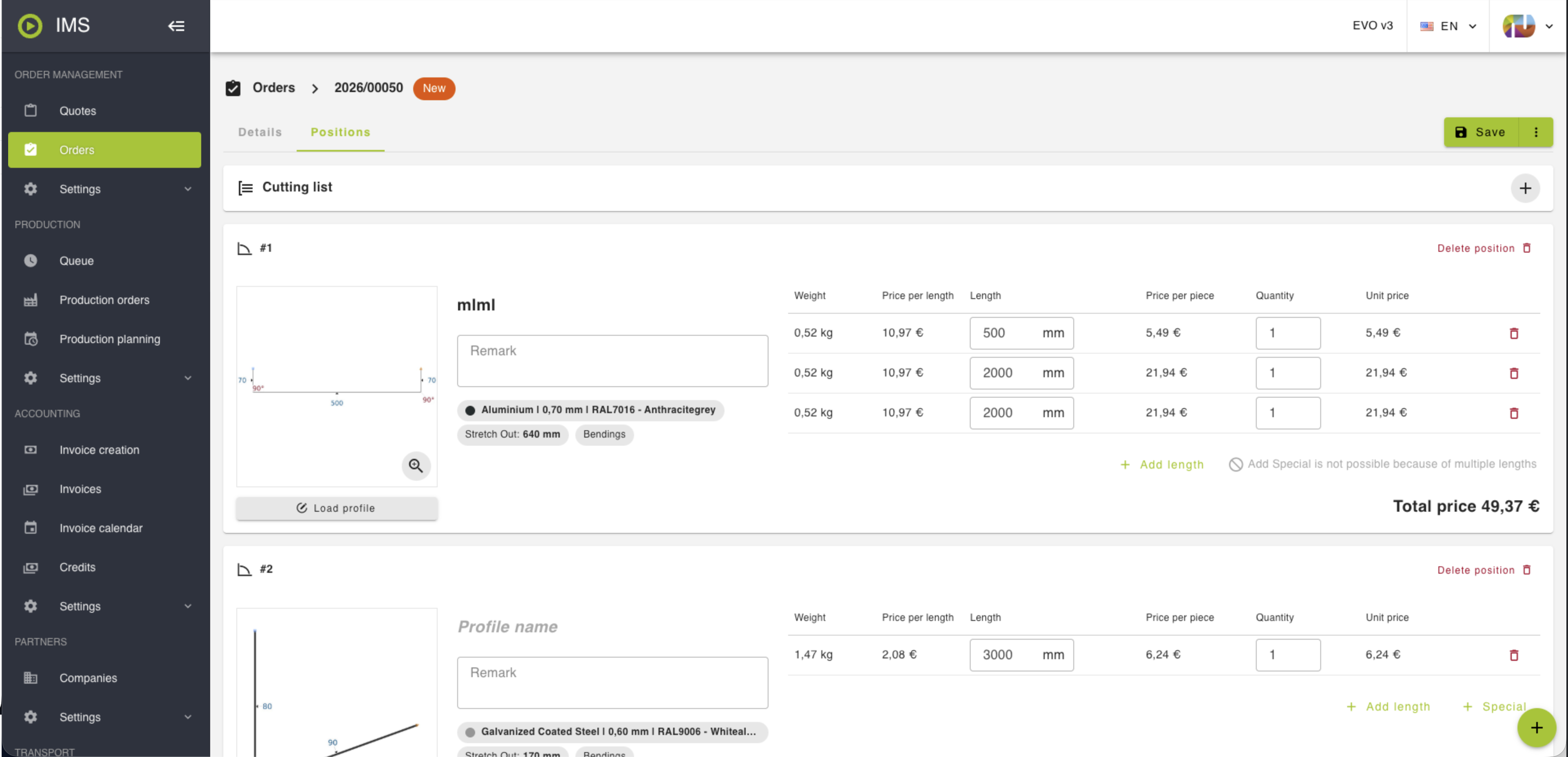 Order management with cutting list and pricing